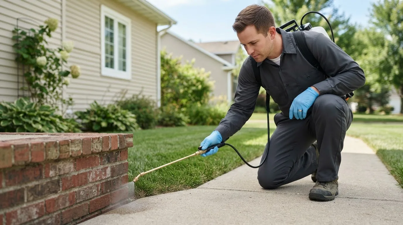 Pest control technician treating a home near Sedgewickville, MO